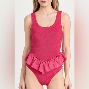 New Hunza G Denise Frill Swimsuit Metallic Crinkle One Piece Pink Raspberry
